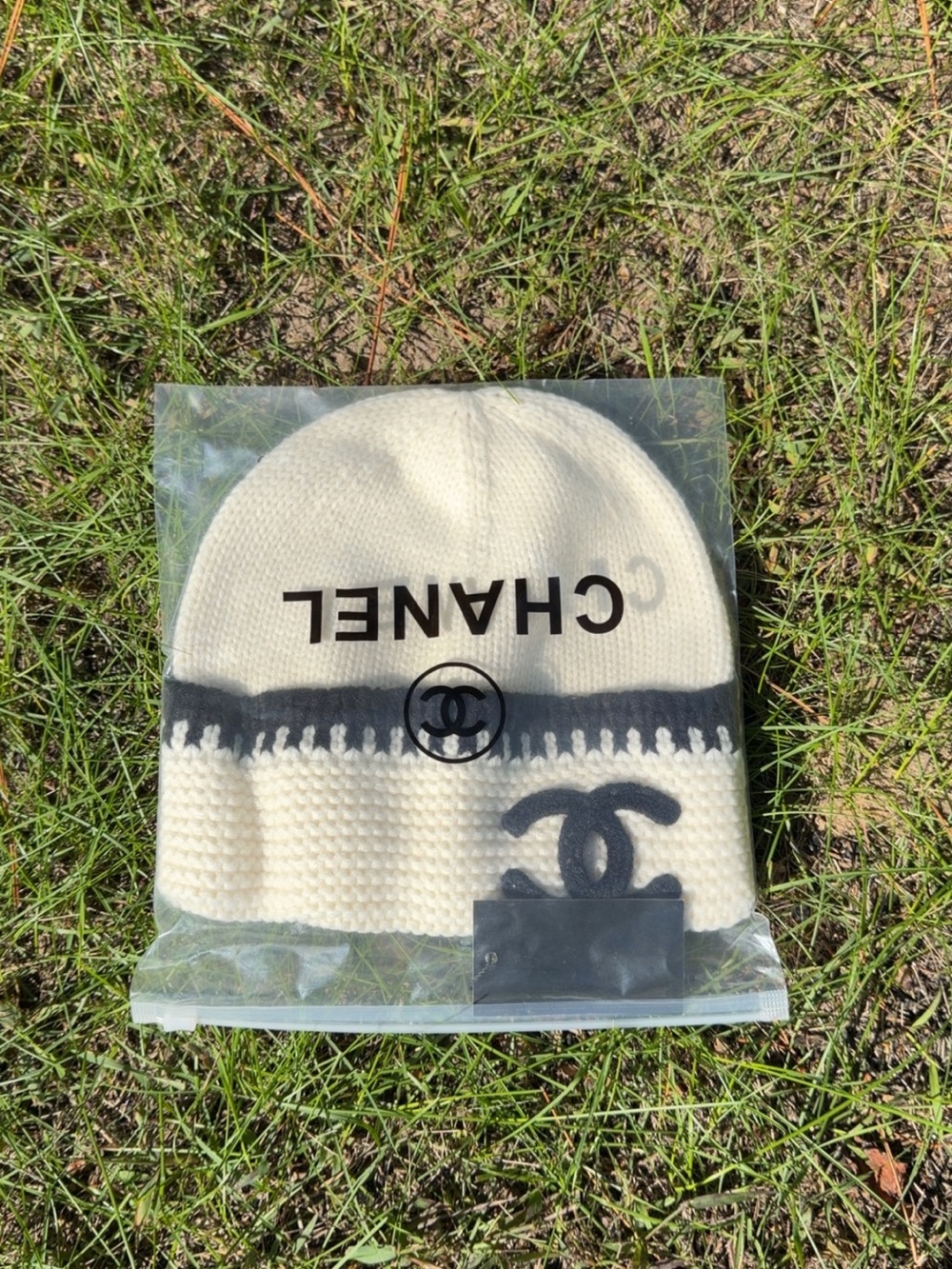 Cream and Black Knit Beanie with CC Logo